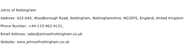 Johns of Nottingham Address Contact Number