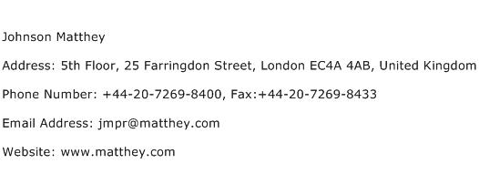 Johnson Matthey Address Contact Number