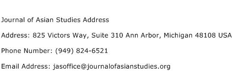 Journal of Asian Studies Address Address Contact Number