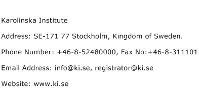 Karolinska Institute Address Contact Number