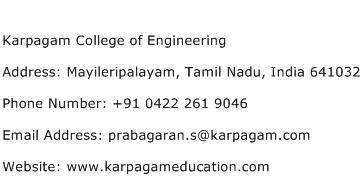 Karpagam College of Engineering Address Contact Number