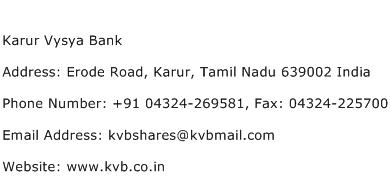 Karur Vysya Bank Address Contact Number