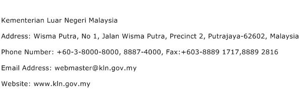 Kementerian Luar Negeri Malaysia Address Contact Number