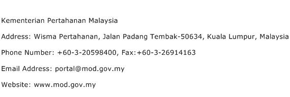 Kementerian Pertahanan Malaysia Address Contact Number