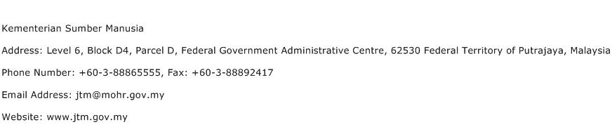 Kementerian Sumber Manusia Address Contact Number