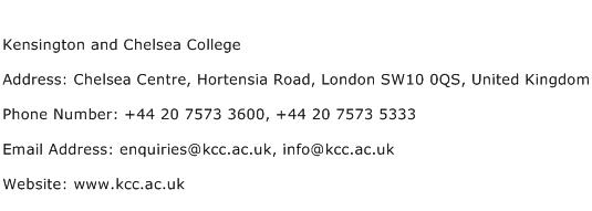Kensington and Chelsea College Address Contact Number