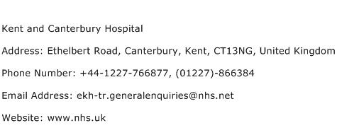 Kent and Canterbury Hospital Address Contact Number