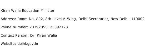 Kiran Walia Education Minister Address Contact Number