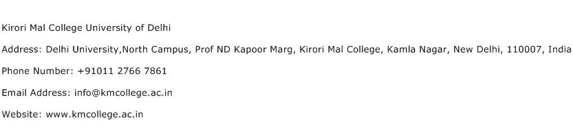 Kirori Mal College University of Delhi Address Contact Number