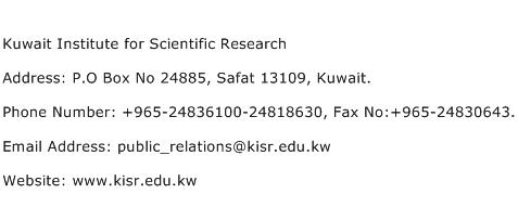 Kuwait Institute for Scientific Research Address Contact Number
