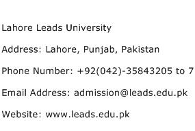 Lahore Leads University Address Contact Number