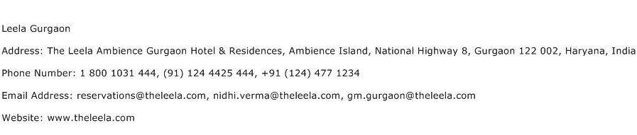Leela Gurgaon Address Contact Number