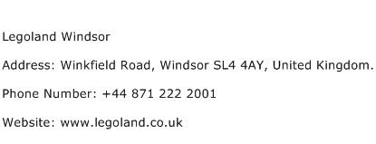 Legoland Windsor Address Contact Number