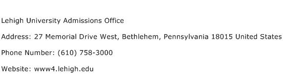 Lehigh University Admissions Office Address Contact Number