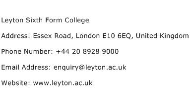 Leyton Sixth Form College Address Contact Number