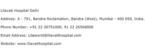 Lilavati Hospital Delhi Address Contact Number