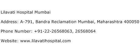 Lilavati Hospital Mumbai Address Contact Number