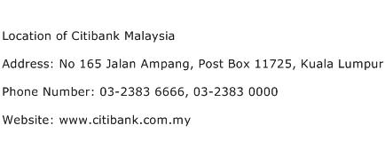 Location of Citibank Malaysia Address Contact Number