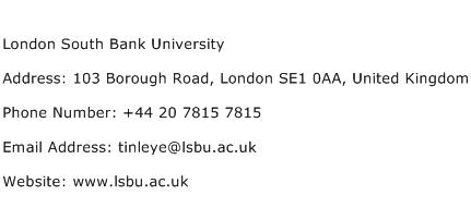 London South Bank University Address Contact Number