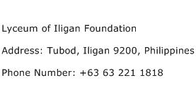 Lyceum of Iligan Foundation Address Contact Number