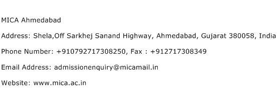 MICA Ahmedabad Address Contact Number
