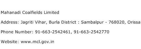 Mahanadi Coalfields Limited Address Contact Number