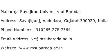 Maharaja Sayajirao University of Baroda Address Contact Number