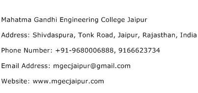 Mahatma Gandhi Engineering College Jaipur Address Contact Number