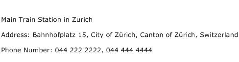 Main Train Station in Zurich Address Contact Number