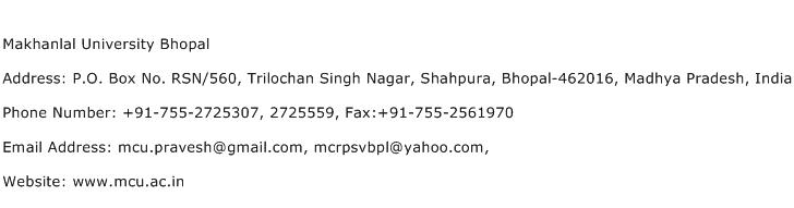 Makhanlal University Bhopal Address Contact Number
