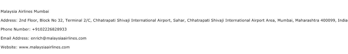 Malaysia Airlines Mumbai Address Contact Number