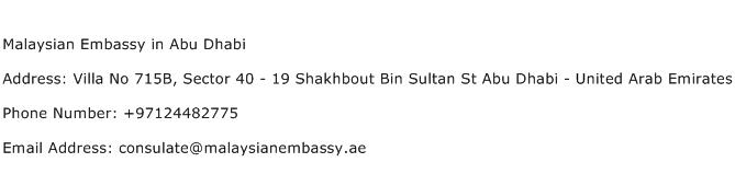 Malaysian Embassy in Abu Dhabi Address Contact Number