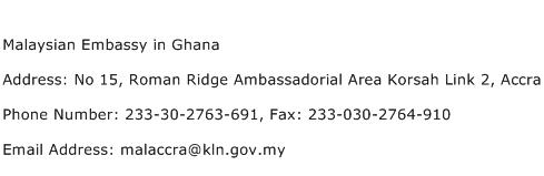 Malaysian Embassy in Ghana Address Contact Number