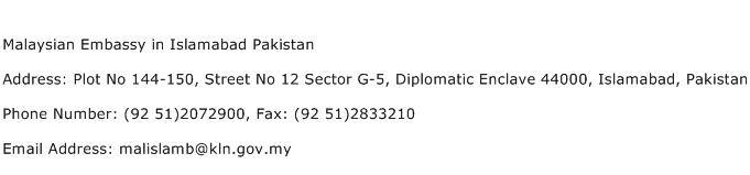 Malaysian Embassy in Islamabad Pakistan Address Contact Number