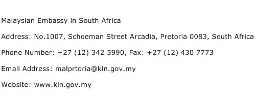 Malaysian Embassy in South Africa Address Contact Number