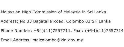 Malaysian High Commission of Malaysia in Sri Lanka Address Contact Number