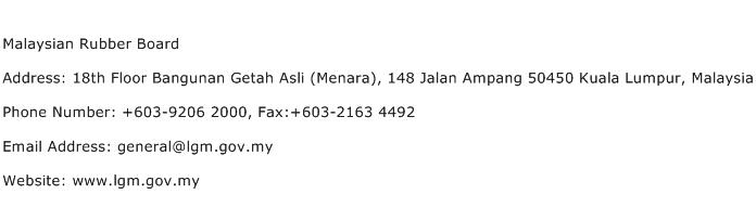 Malaysian Rubber Board Address Contact Number