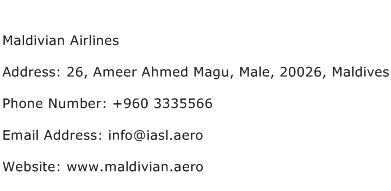 Maldivian Airlines Address Contact Number