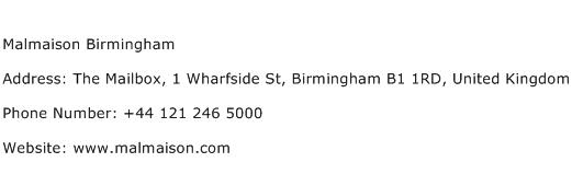 Malmaison Birmingham Address Contact Number