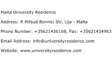 Malta University Residence Address Contact Number
