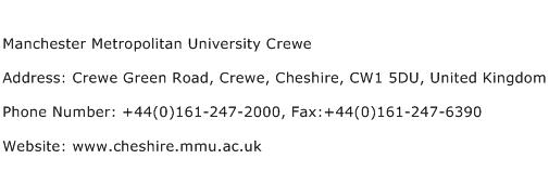 Manchester Metropolitan University Crewe Address Contact Number