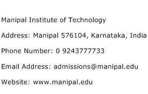 Manipal Institute of Technology Address Contact Number