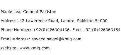 Maple Leaf Cement Pakistan Address Contact Number