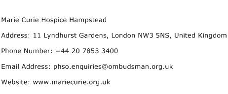 Marie Curie Hospice Hampstead Address Contact Number
