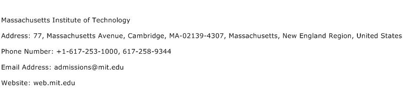 Massachusetts Institute of Technology Address Contact Number