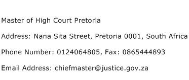 Master of High Court Pretoria Address Contact Number