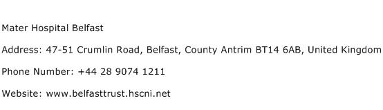 Mater Hospital Belfast Address Contact Number