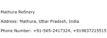 Mathura Refinery Address Contact Number