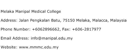 Melaka Manipal Medical College Address Contact Number