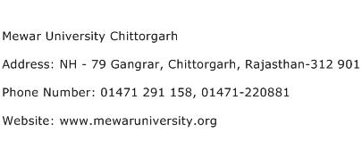 Mewar University Chittorgarh Address Contact Number